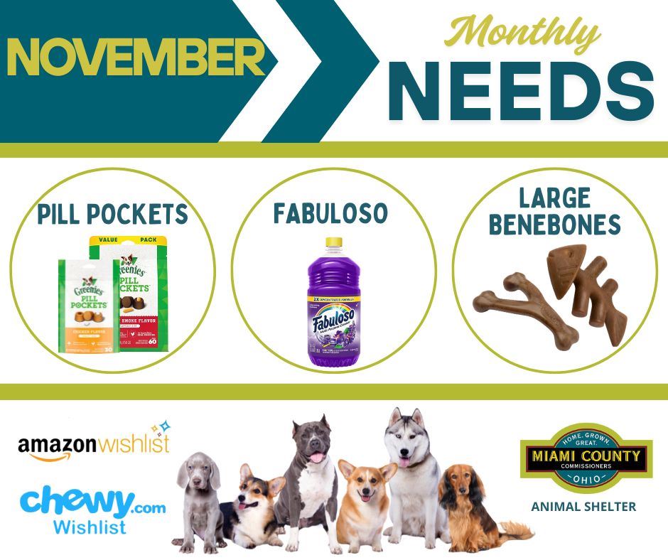 Miami County Ohio Animal Shelter Wish List - Pill Pockets, Fabuloso cleaner, large Benebones, etc