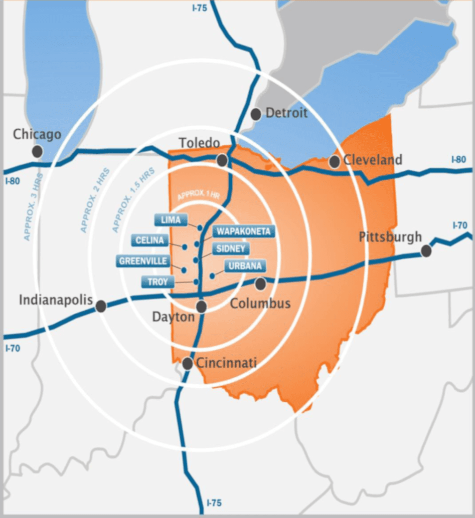 regional map of Ohio roadways