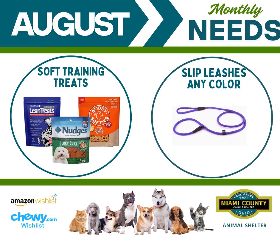 Miami County, Ohio Animal Shelter Needed Items For June Soft dog treats, copy paper and clumping cat litter.