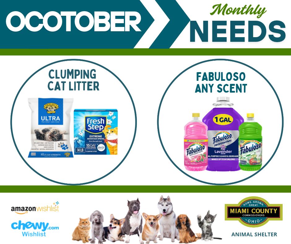 Miami County, Ohio Animal Shelter Needed Items For June Soft dog treats, copy paper and clumping cat litter.